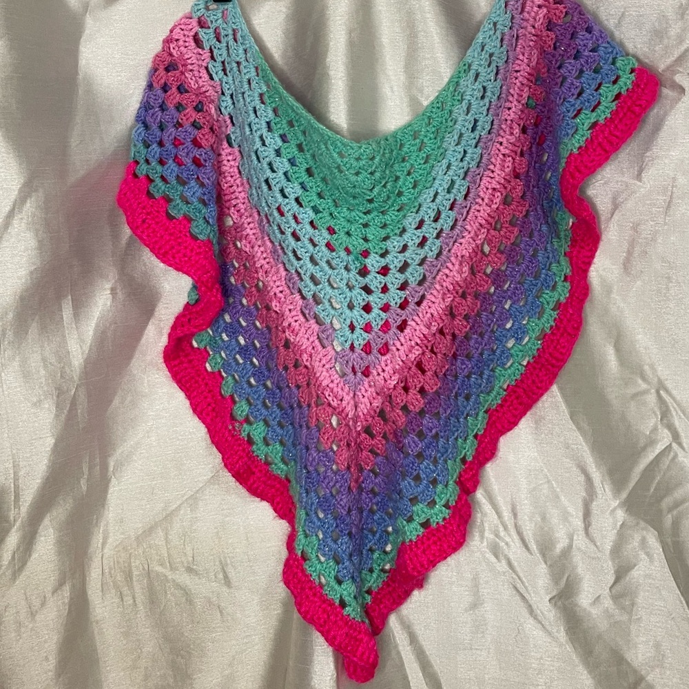 Retro Knit Crochet Colorful Striped Sparkly Poncho Scarf Wrap Halter Top Poncho